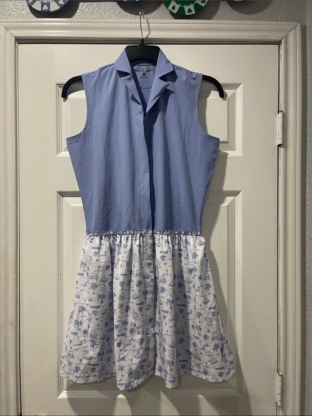 Sleeveless Blue & White Printed Waist-Trim Dress